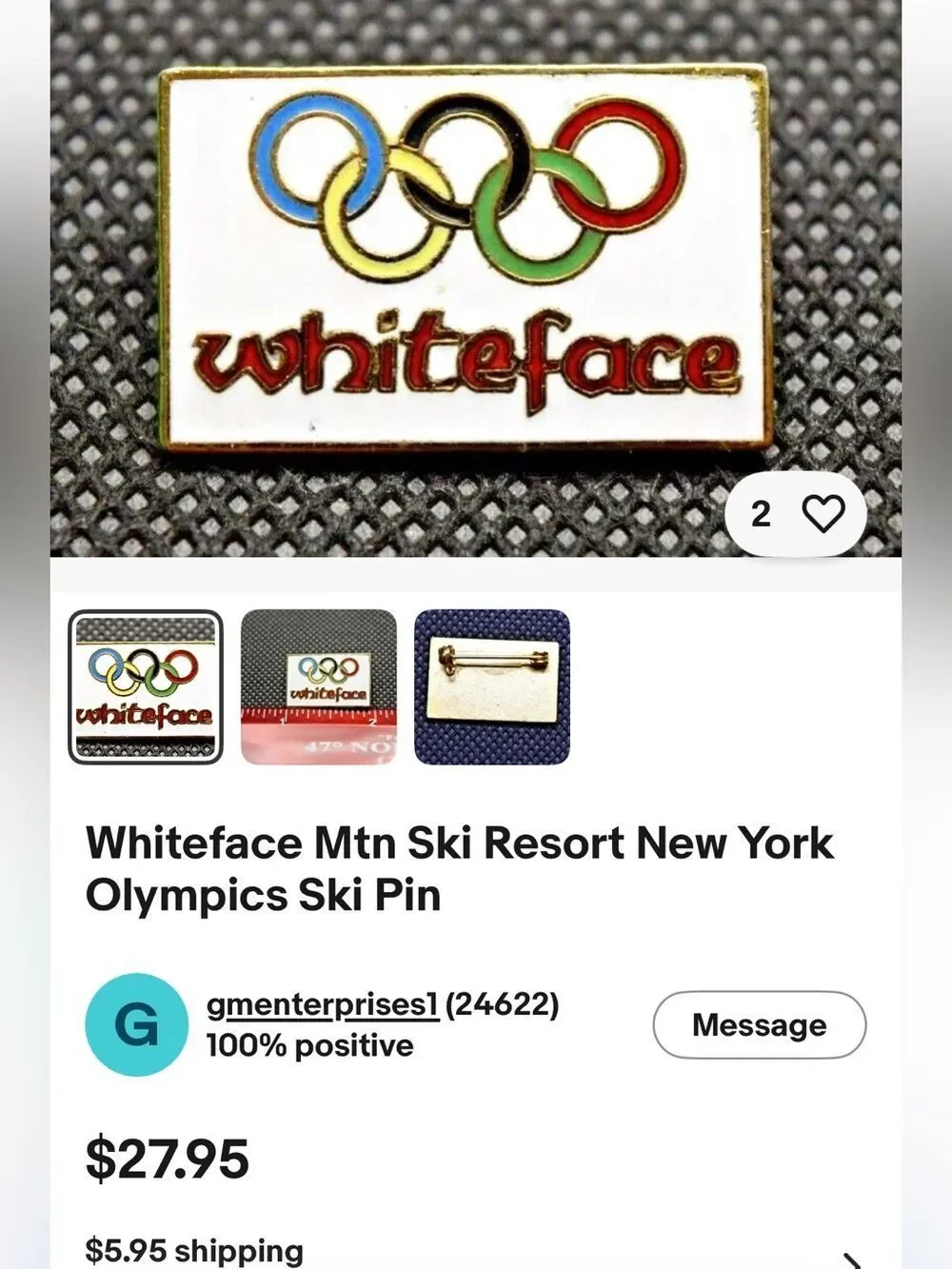 Vintage Whiteface Olympic Rings Enamel Lapel Pin Lake Placid Ski Resort Souvenir